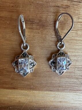 Vintage Charles Winston 925 Sterling Silver CZ Marcasite Leverback Earrings CW